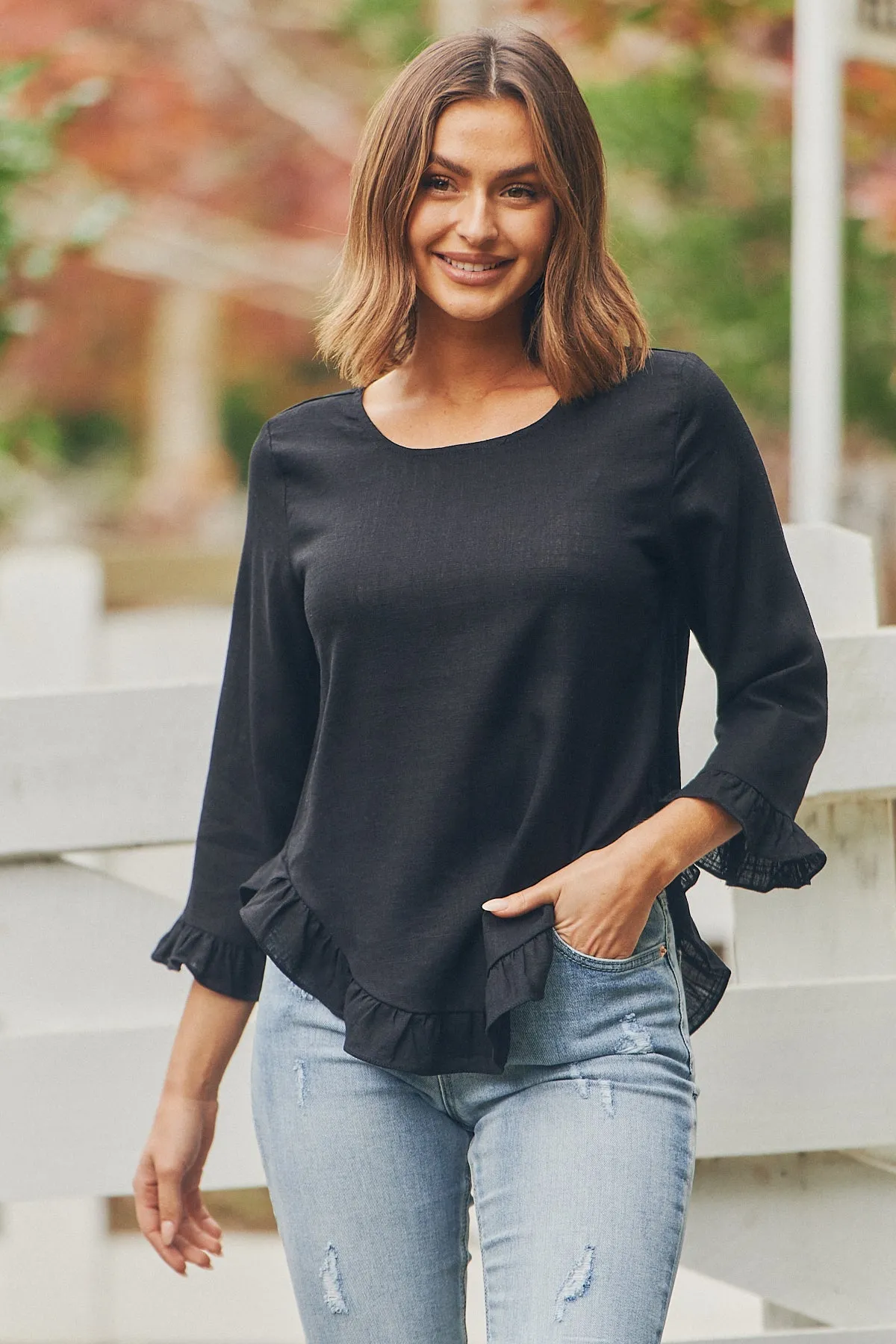 Aries Long Sleeve Black Linen Top