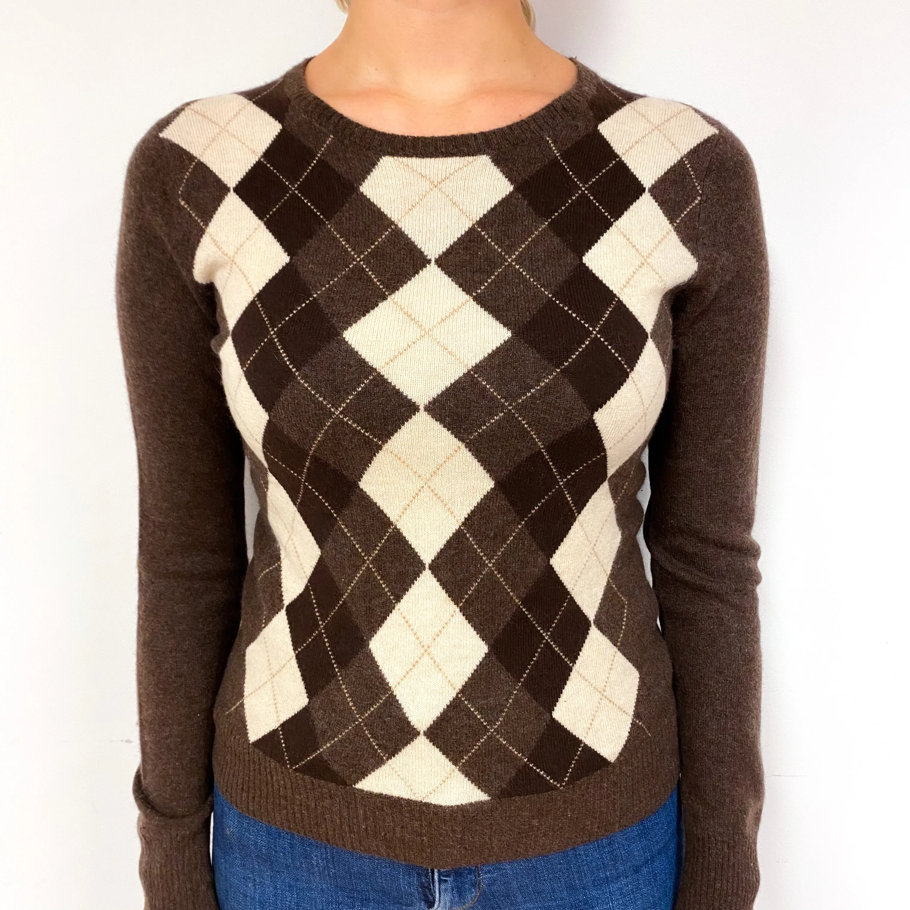 Mole Brown Cream Diamond Cashmere Crew Neck Jumper Small