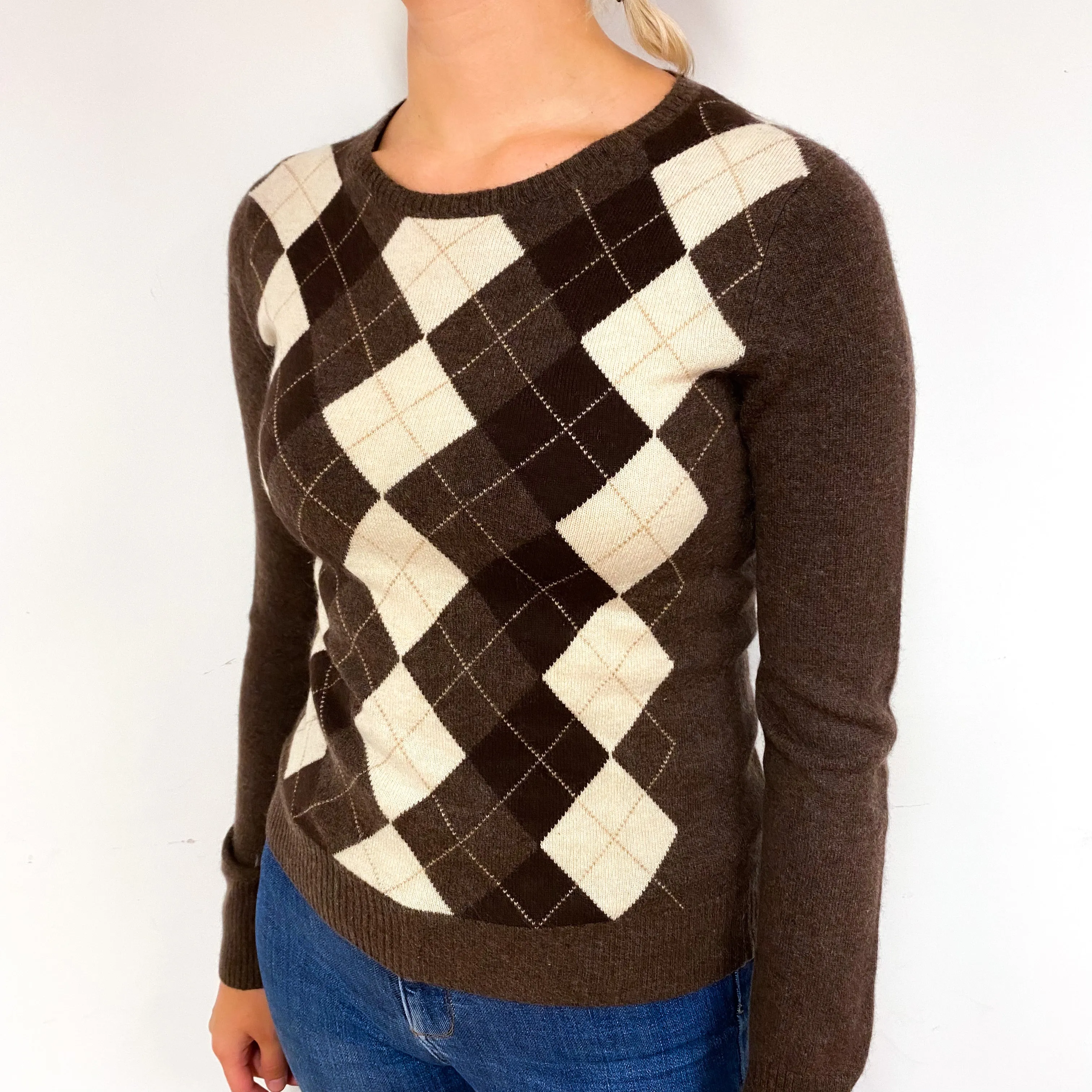 Mole Brown Cream Diamond Cashmere Crew Neck Jumper Small