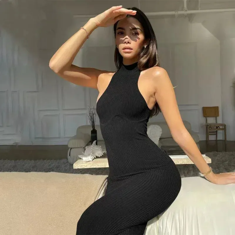 Out Sexy Hollow Bodycon Summer Sleeveless 2024 Backless Slit Solid Ribbed Dress
