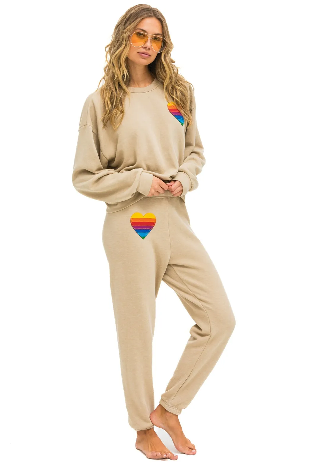 RAINBOW HEART STITCH RELAXED CREW SWEATSHIRT - SAND