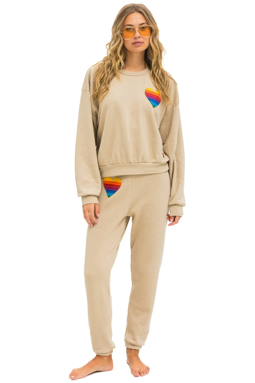 RAINBOW HEART STITCH RELAXED CREW SWEATSHIRT - SAND