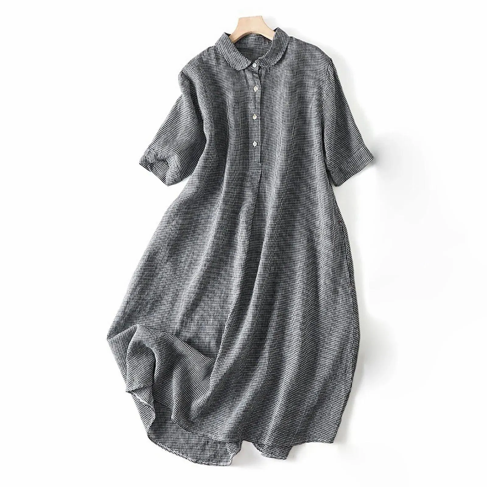 Retro Cotton Linen Shirt Long Dresses Ladies Short Sleeve Oversized Shirt Dress Korean Fashion Loose Lapel Sundress Y2k Clothing
