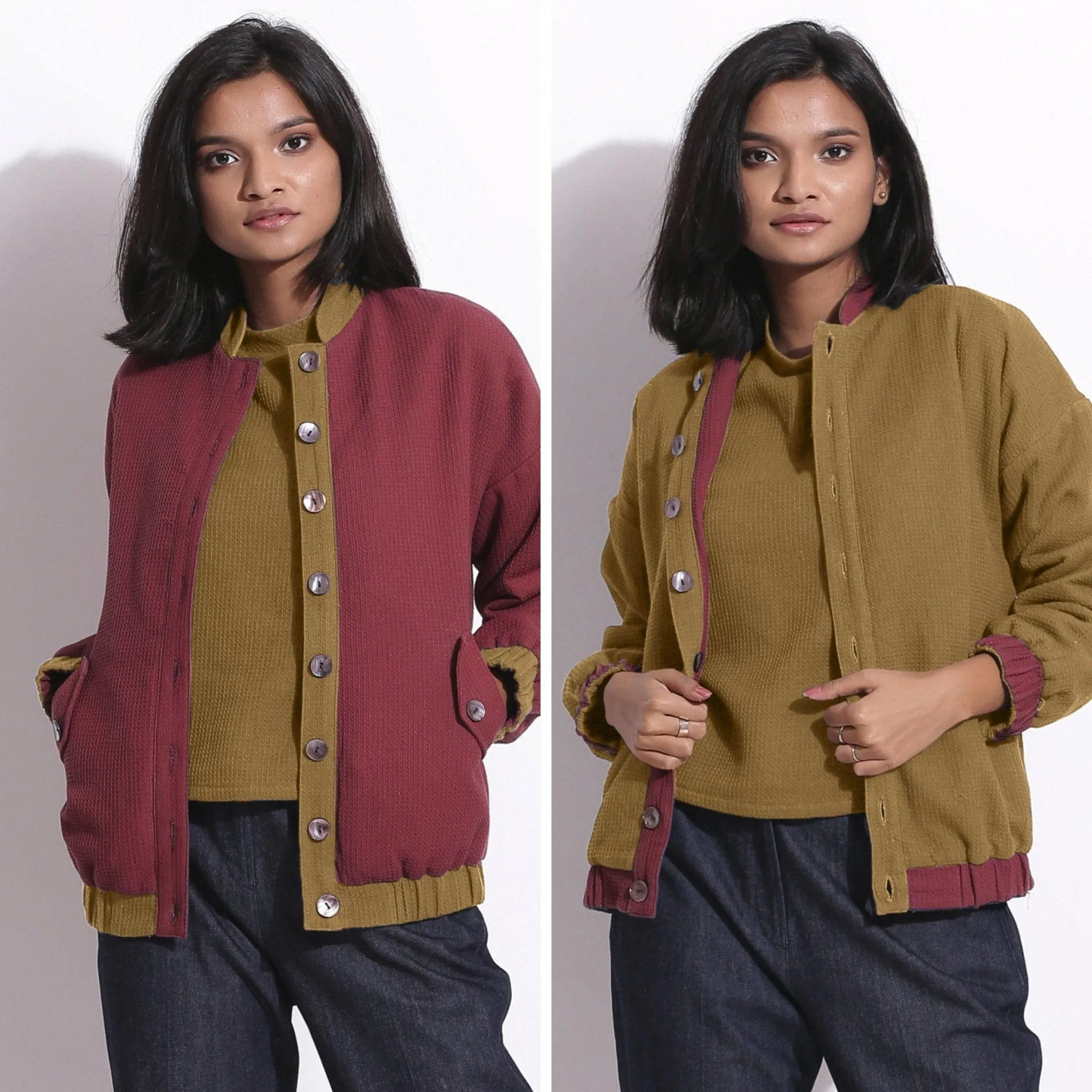 Reversible Red Green Warm Cotton Waffle Bomber Jacket